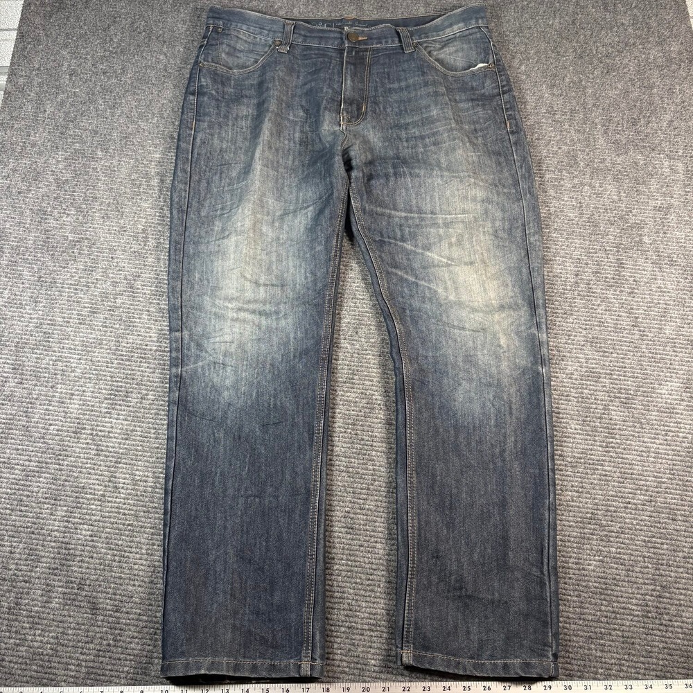 M&C Jeans Mens 38x32 Blue Excellent Straight Leg Dark Wash Whiskered Denim